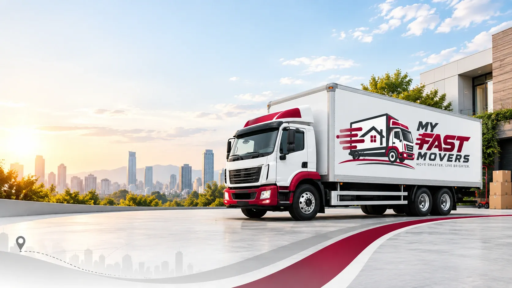 Moving truck parked outside a modern home